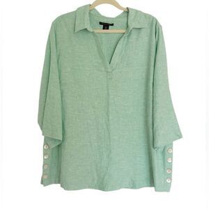 Tahari Aqua Green Linen Rayon Collared V Neck Top Size 1X